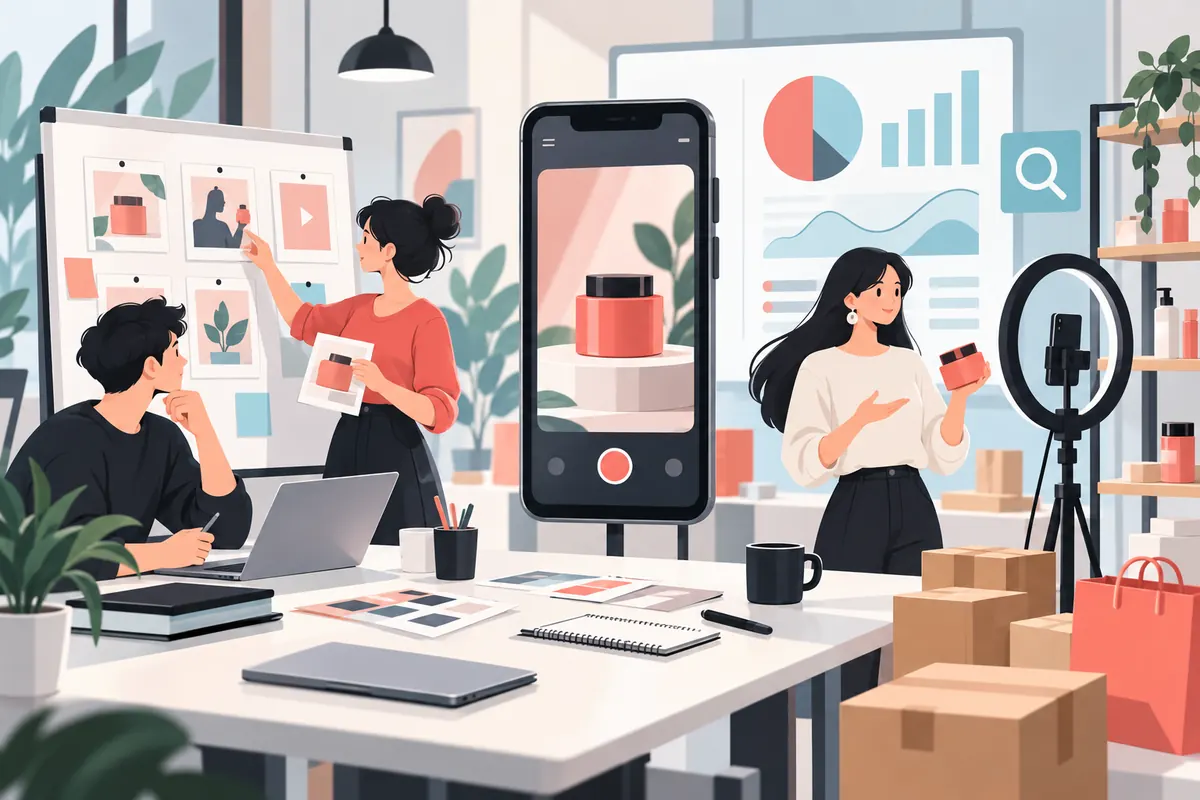 Illustration of short-form video planning, analytics, product presentation and live commerce